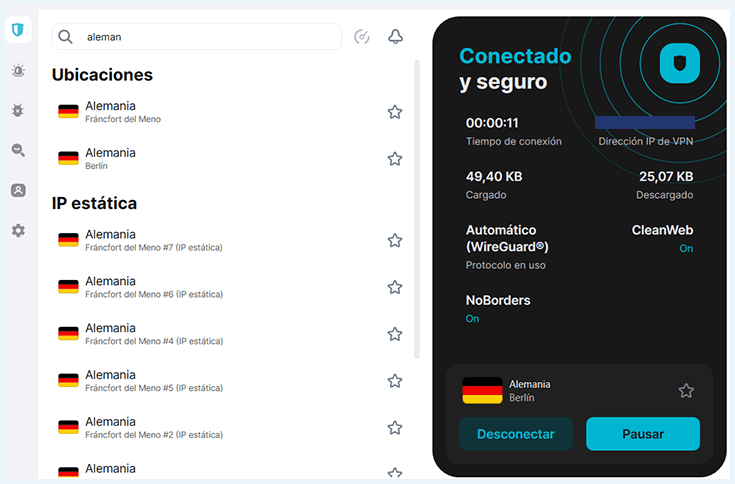 Surfshark en español conectado a dirección de IP de Alemania