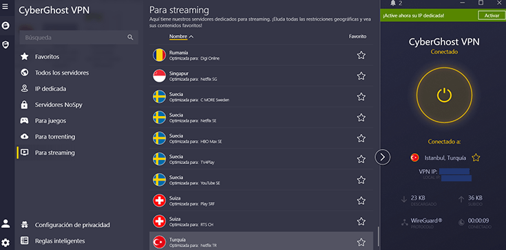 CyberGhost conectado a servidor optimizado Netflix Turquía