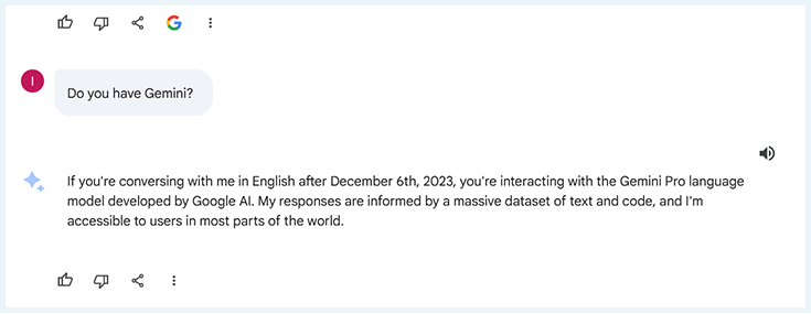captura de Google Bard con pregunta en inglés sobre Google Gemini AI