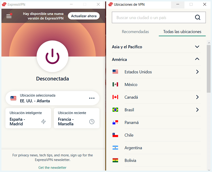 Apariencia app Windows ExpressVPN con todas las ubicaciones