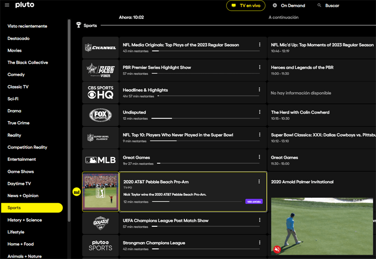 Canales de deportes en Pluto TV USA con imagen de PGA Golf