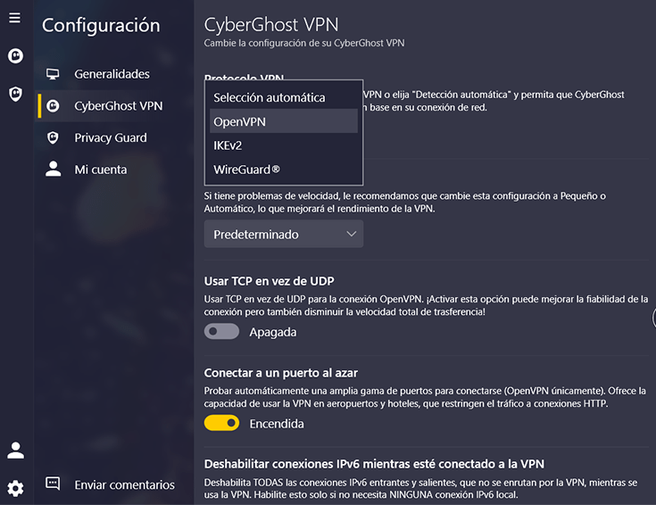 Software CyberGhost en Windows con opción protocolos VPN