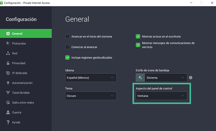 Configuración general de PIA remarcado Aspecto del panel de control