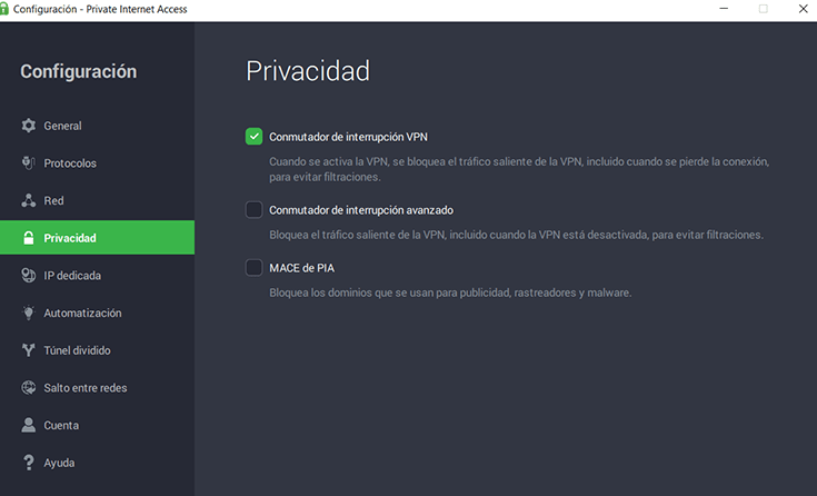 Configuración de privacidad de PIA en Windows con opciones kill switch