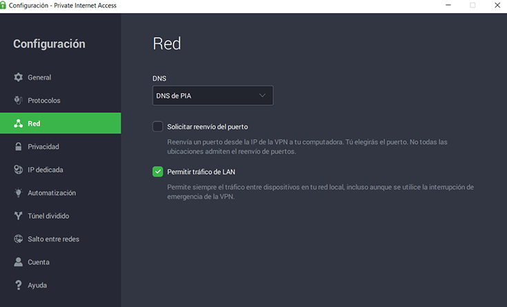 Opciones de configuración de red de PIA en Windows