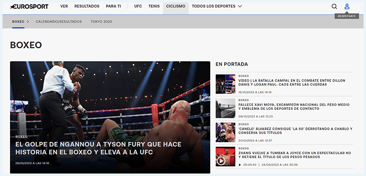 Página de Eurosport con información de boxeo