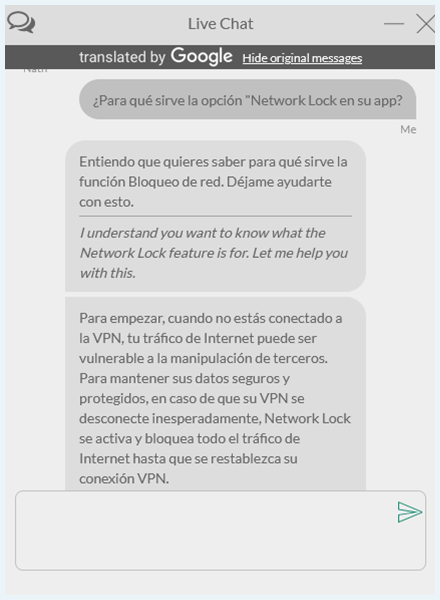 Chat en vivo en página web de ExpressVPN traducido español
