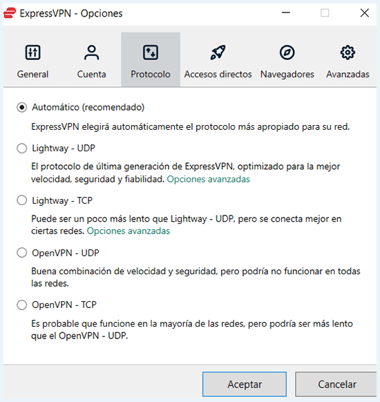 Portocolos de ExpressVPN en app Windows