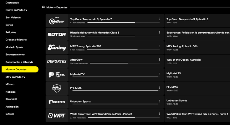 Opciones de canales de deportes en Pluto TV España