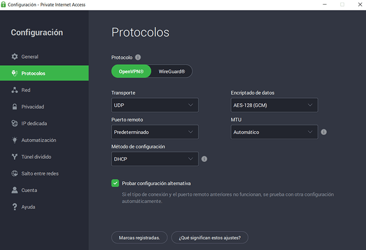 Configuración de protocolos VPN en PIA Windows