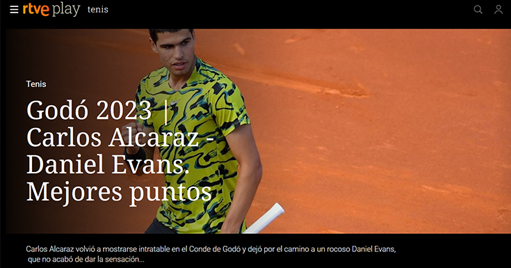 Banner de RTVE Play deportes con Carlos Alcaraz en Conde de Godo 2023
