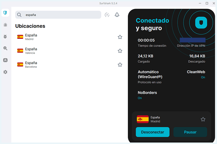 Surfshark conectado a IP de España