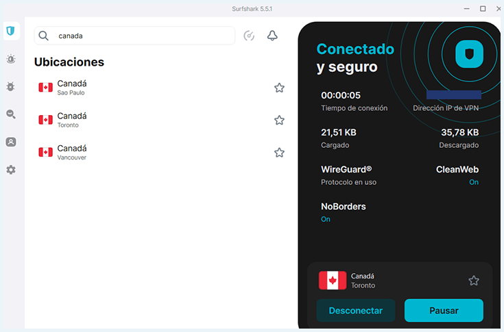 Surfshark conectado a servidor de Canada