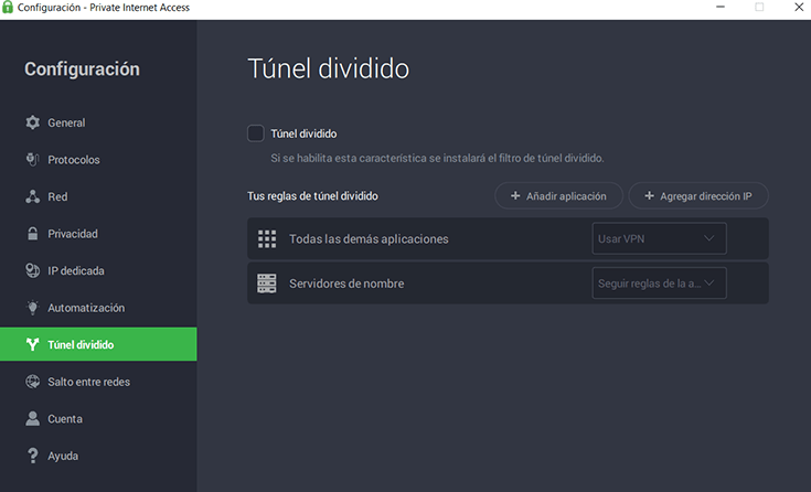 Configuración de túnel dividido en app Windows de PIA