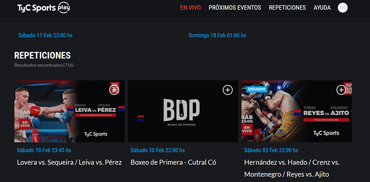 Opciones de boxeo en TyC Sports de Argentina