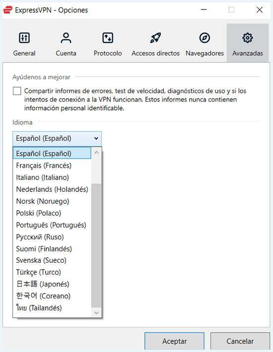 Opciones de idiomas en app para Windows de ExpressVPN