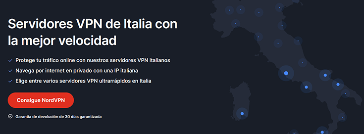Página de NordVPN para Italia con mapa