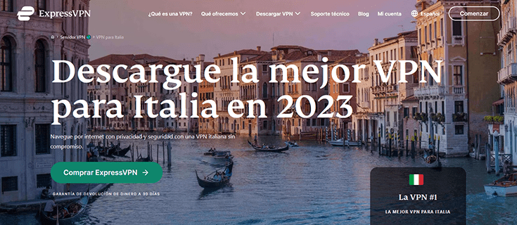 Página de Express VPN para Italia con imagen de Venecia