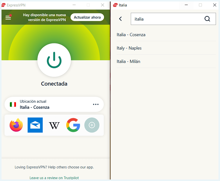 ExpressVPN en Windows conectado a Italia y servidores disponibles