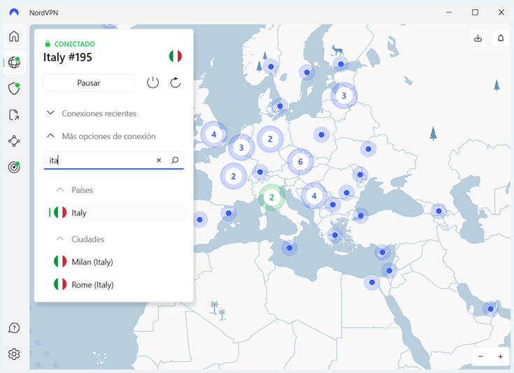 NordVPN en Windows conectado a IP de Italia