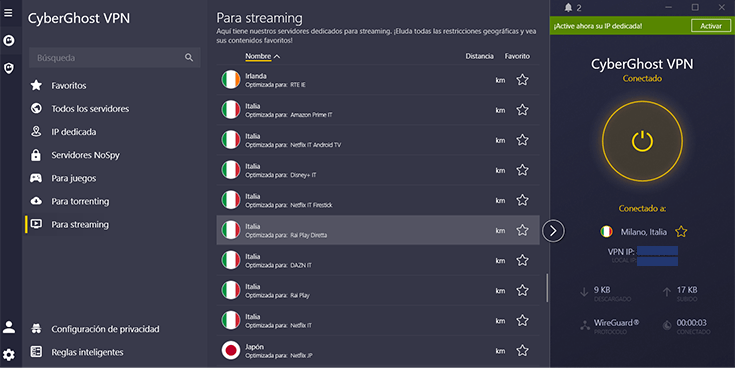 CyberGhost conectado a servidor streaming de RAI Play en Italia