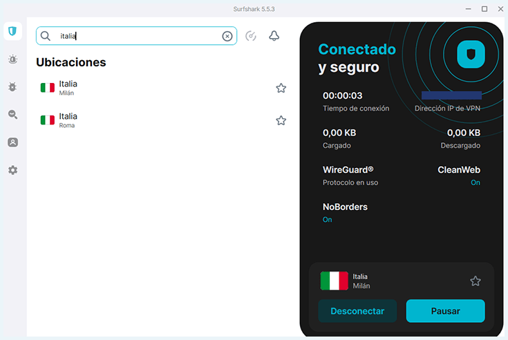 Surfshark conectado a IP de Milan en Italia