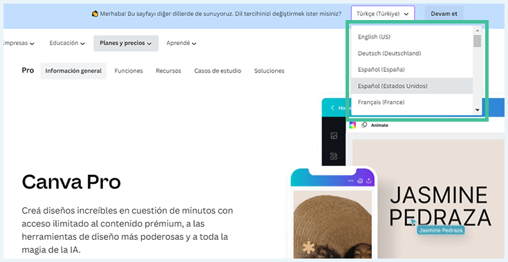 Cambio idioma Canva Pro del turco al español