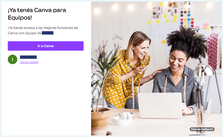 Mensaje de registro a Canva Pro en español