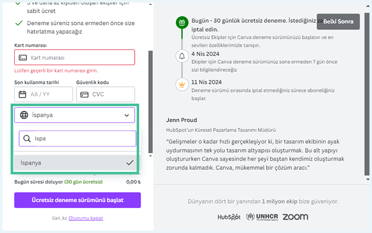 Pago en Canva Pro Turquía con tarjeta de España