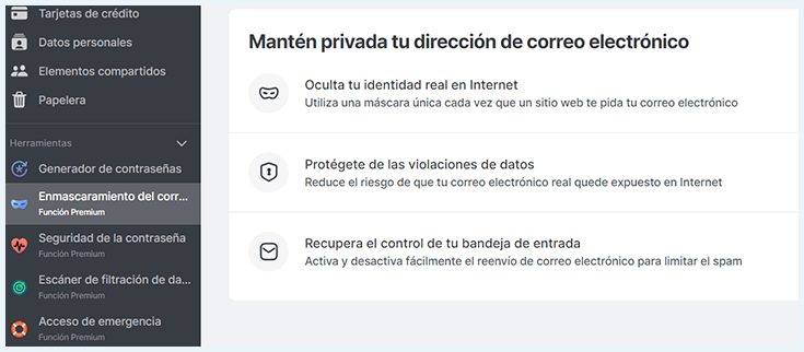 App de NordPass en Windows con opción de enmascaramiento del correo electrónico