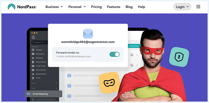 Banner de enmascaramiento de email en web de NordPass