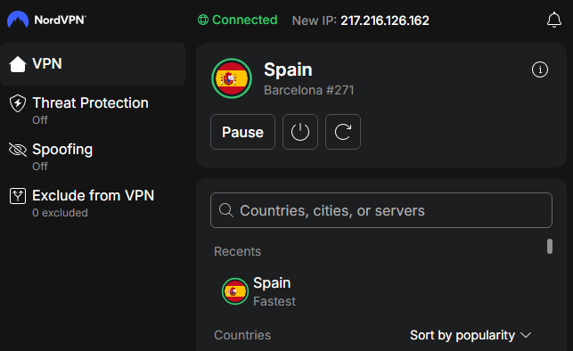 nordvpn connected to spanish server