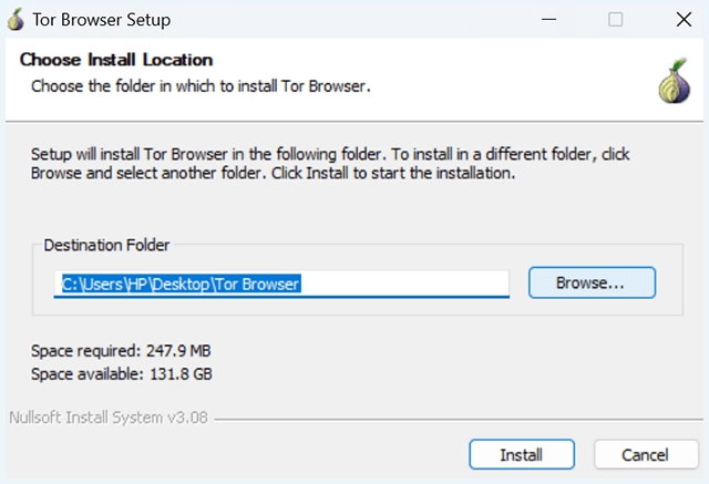 Screenshot of Tor Browser setup window