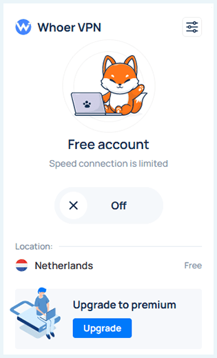 Captura de pantalla de la extensión Whoer VPN