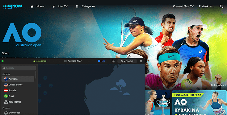 Page de destination de l'Open d'Australie sur 9Now avec NordVPN exécuté en arrière-plan.