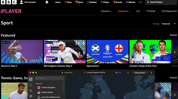 Capture d'écran de la page d'accueil de la rubrique Sport de BBC iPlayer