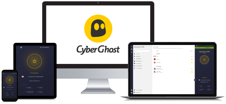 Laptop, Tablet, Smartphone and Desktop PC showing the CyberGhost VPN Logo and App interfaces
