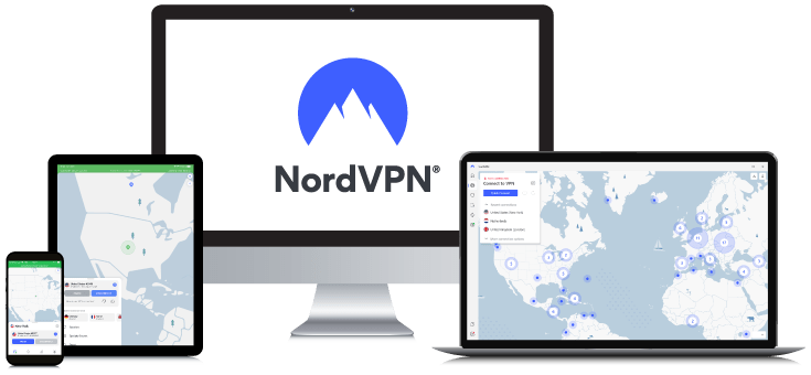 Laptop, Tablet, Smartphone and Desktop PC showing the NordVPN Logo and App interfaces