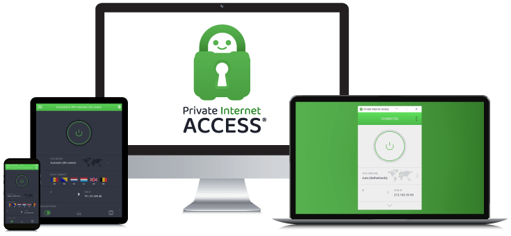 Laptop, Tablet, Smartphone and Desktop PC showing the PIA VPN Logo and App interfaces
