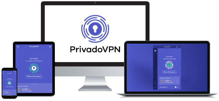 Laptop, Tablet, Smartphone and Desktop PC showing the PrivadoVPN Logo and App interfaces