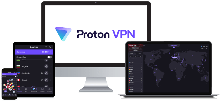 Laptop, Tablet, Smartphone and Desktop PC showing the Proton VPN Logo and App interfaces