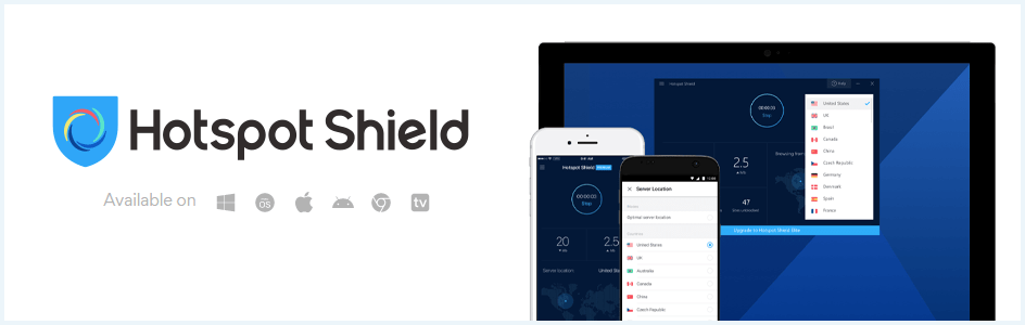 Bannière avec le logo Hotspot Shield et les systèmes d'exploitation pris en charge