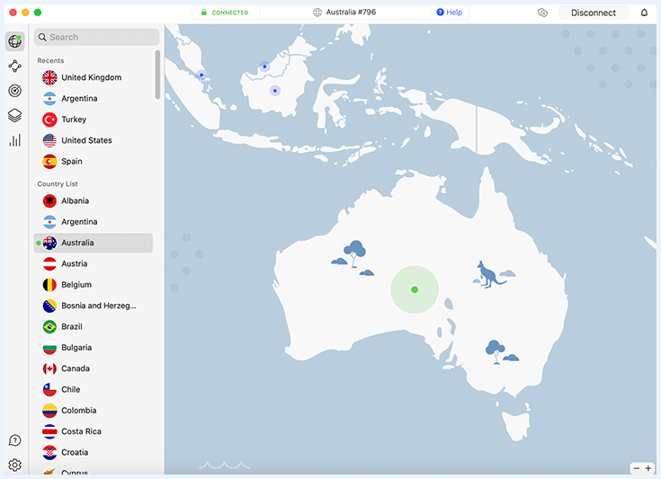 Capture d'écran de NordVPN connecté à un serveur australien