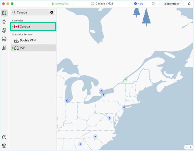 Capture d'écran de NordVPN connecté à un serveur canadien