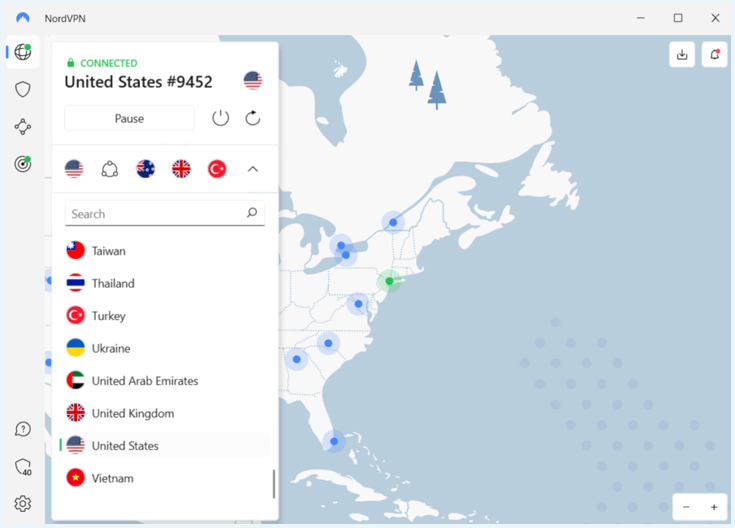 Capture d'écran de l'application NordVPN connectée à un serveur VPN américain
