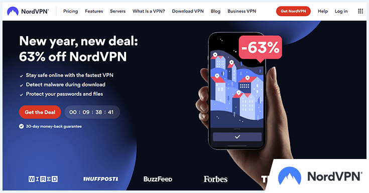 Capture d'écran de la page d'accueil du site NordVPN avec le logo ajouté dans le coin