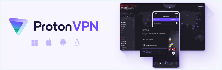 Bannière avec le logo ProtonVPN et les systèmes d'exploitation pris en charge