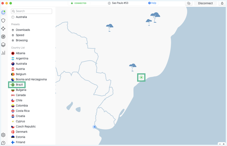 Application NordVPN connectée à un serveur brésilien avec le Brésil mis en évidence
