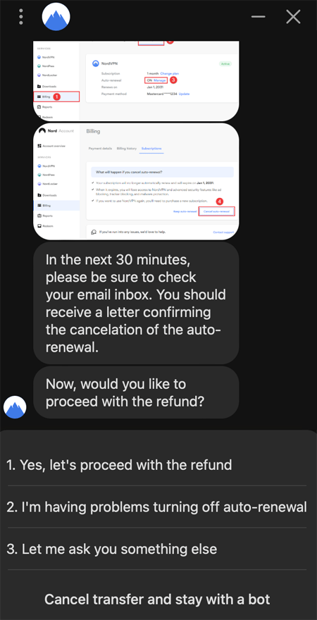 Chat avec le chatbot NordVPN qui vous demande si vous souhaitez procéder au remboursement.