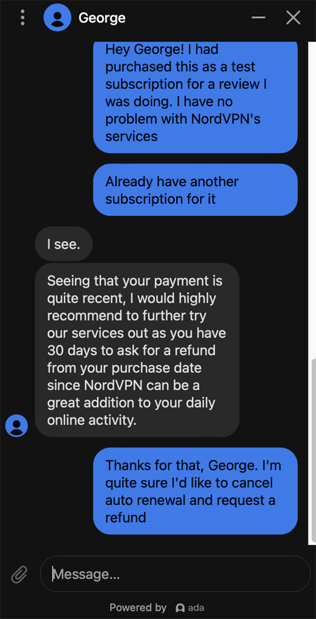 Confirmation que vous souhaitez obtenir le remboursement de votre abonnement NordVPN lors d'un chat avec un agent d'assistance NordVPN.
